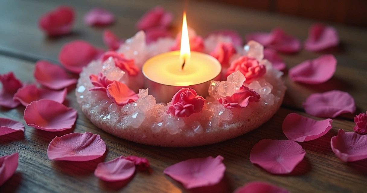 Ritual de energização amorosa com cristais e pétalas de rosa espalhados junto a vela acesa na mesa 