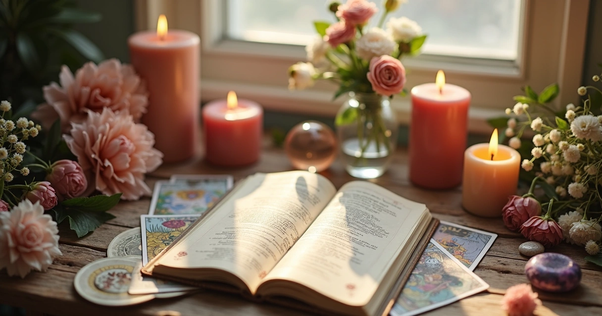 Ritual esotérico com velas, flores e cartas de tarot sobre mesa 