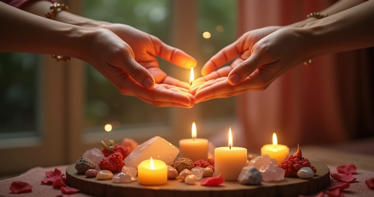 Ritual energético com duas pessoas conectando mãos com luz brilhando entre elas
