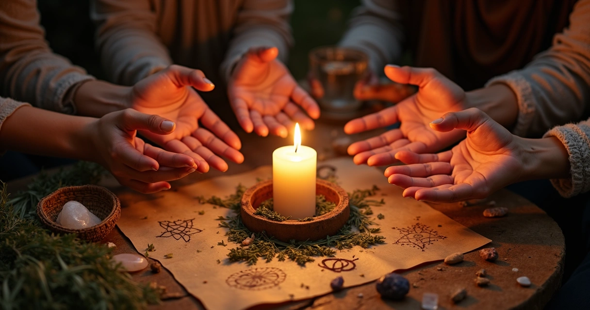 Mãos sobre vela em ritual simbólico com energia emanando