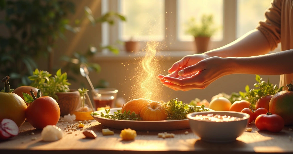 Mesa com alimentos naturais energizados, mãos femininas em ritual de luz dourada 