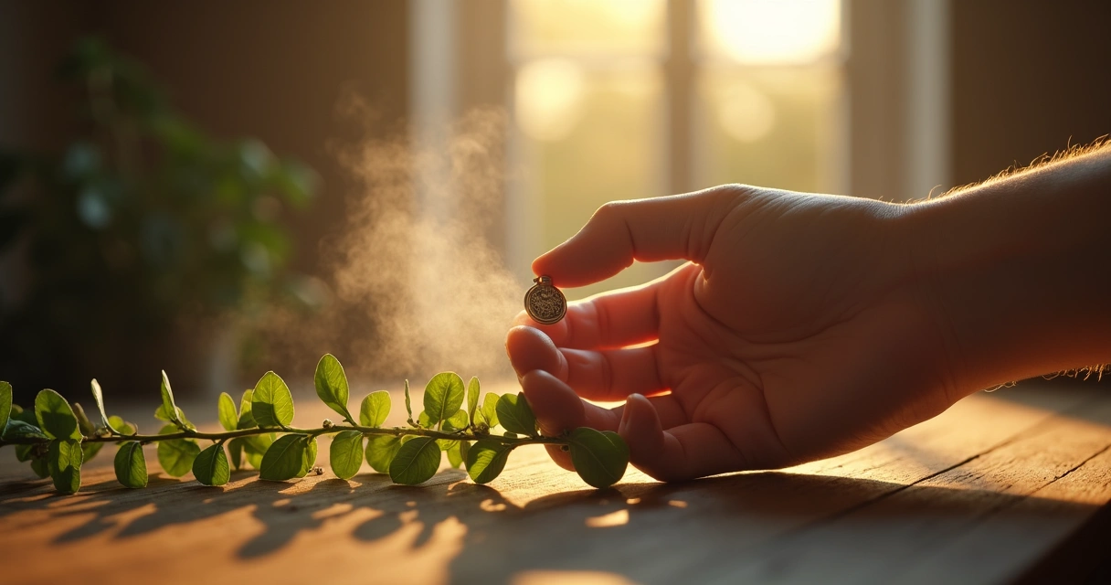 Pessoa segurando amuleto de infância sob vapor de arruda, com fundo suave e luz dourada 