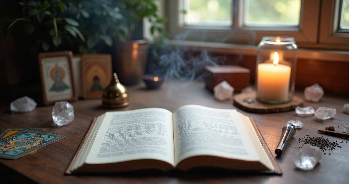 Ritual de energização de um caderno com vela, cristais e incenso.