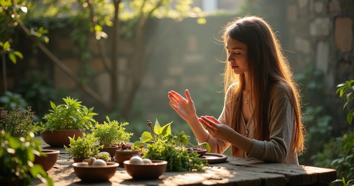 Pessoa energizando ervas em um quintal urbano, com luz do sol passando por entre as plantas 