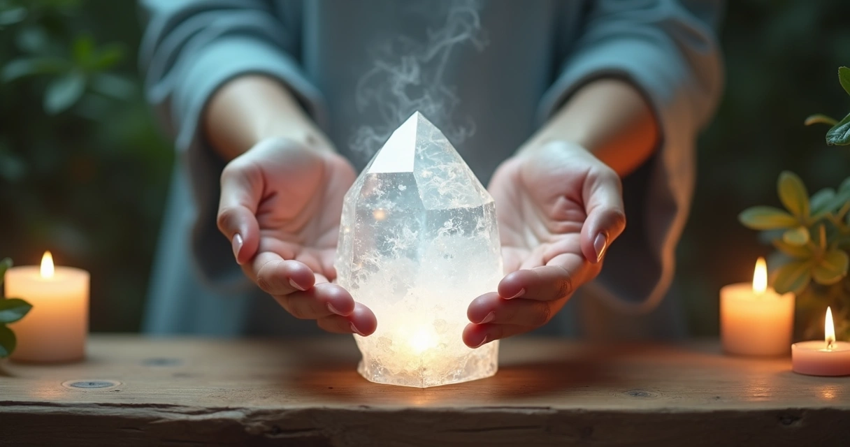 Mãos sobre cristal com energia luminosa branca