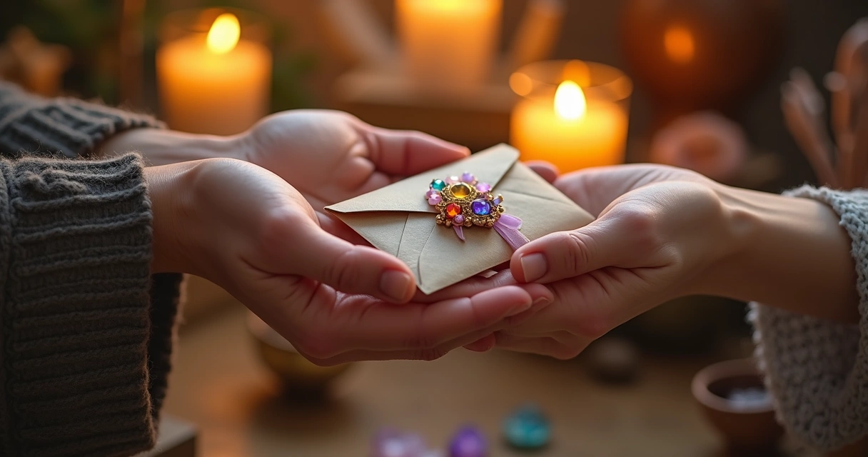 Pessoa entregando envelope decorado com cristal e fita para outra mão aberta, em ambiente místico