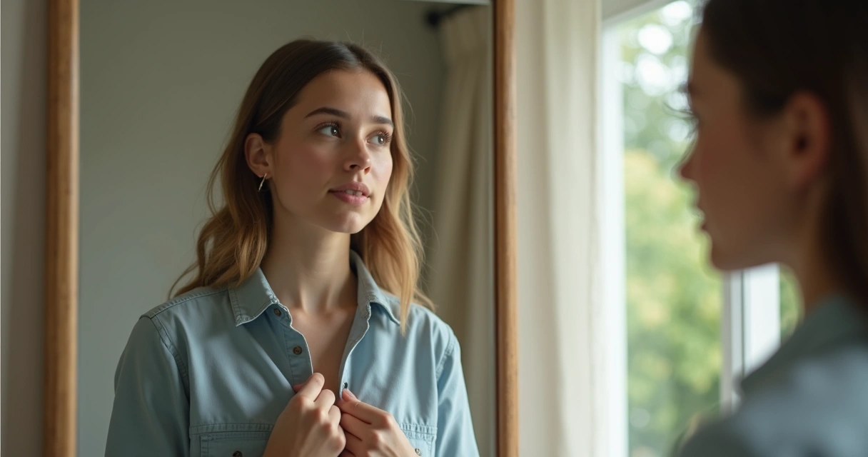 Pessoa confiante olhando no espelho, sorrindo e ajustando a roupa. 