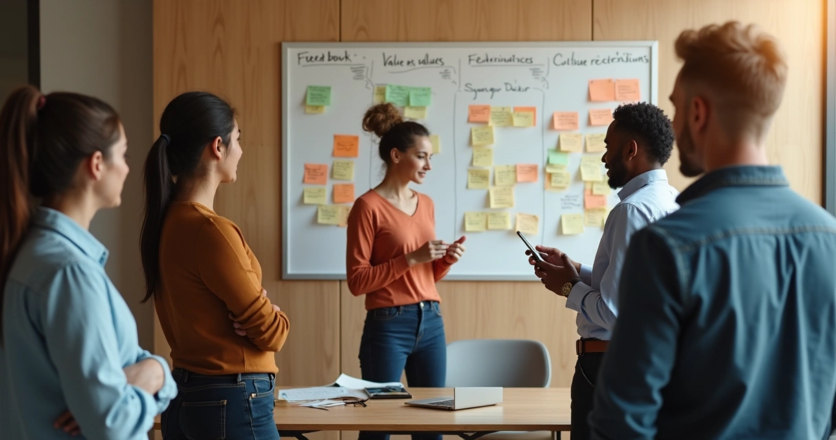 Equipe em ritual de feedback com post-its na parede 