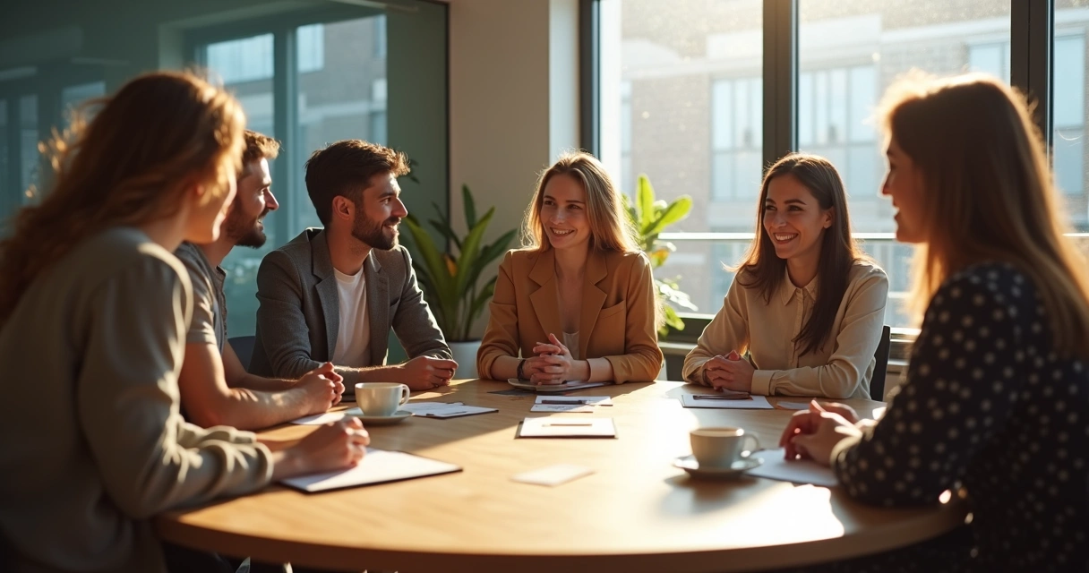 Equipe reunida em círculo em uma sala de reunião moderna, trocando feedbacks de forma aberta