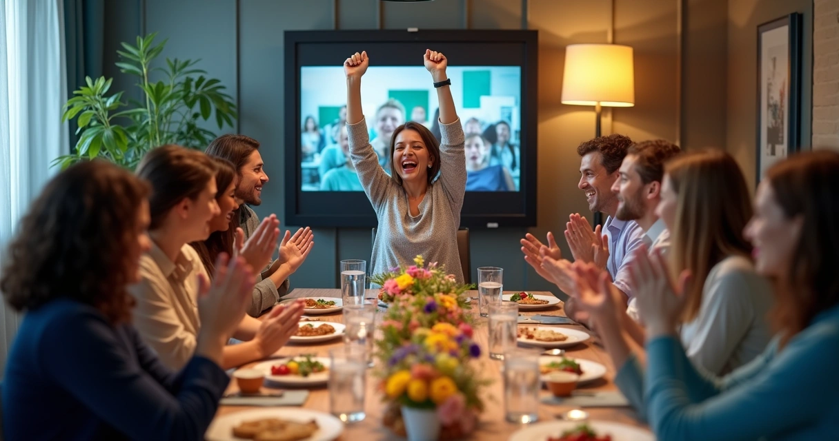 Equipe híbrida celebrando conquista em reunião virtual.