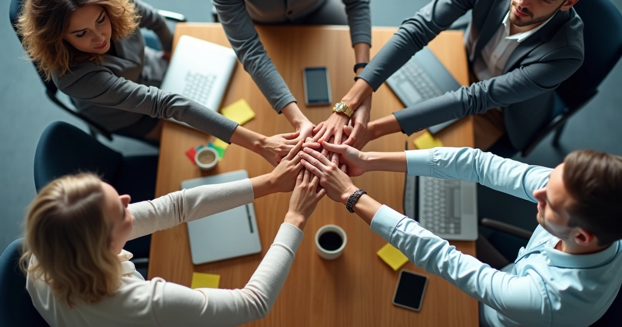 Grupo de equipe realizando um ritual simbólico em ambiente de trabalho, mãos unidas sobre a mesa