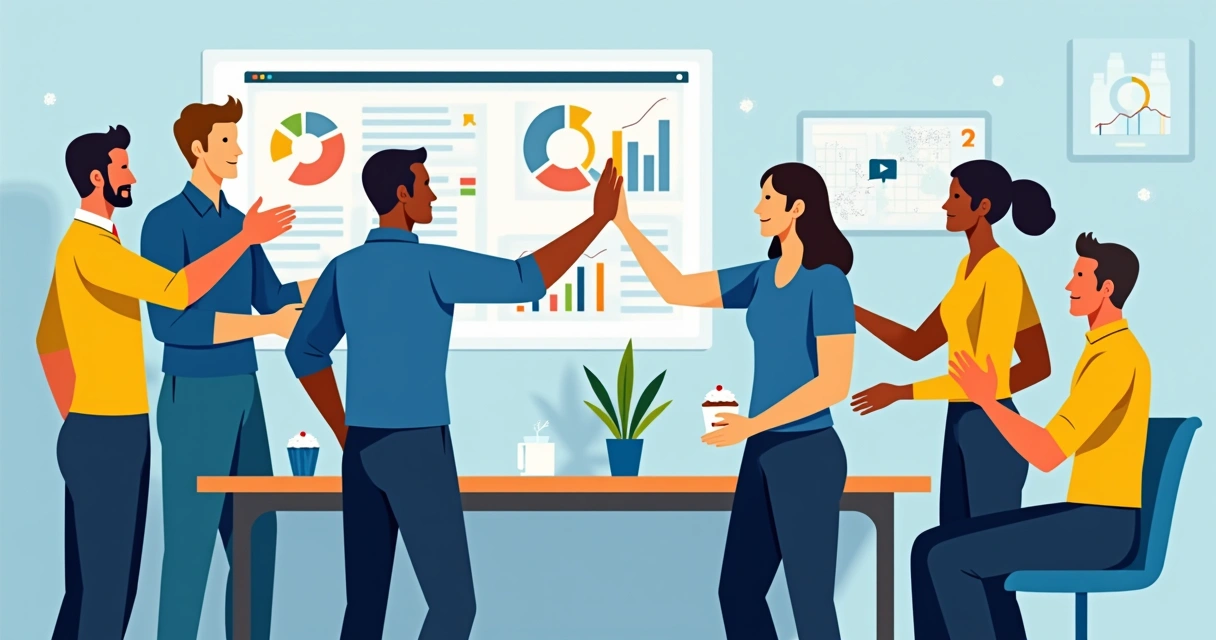 Equipe de PME em torno de uma mesa celebrando resultado, expressando sintonia e orgulho do time 