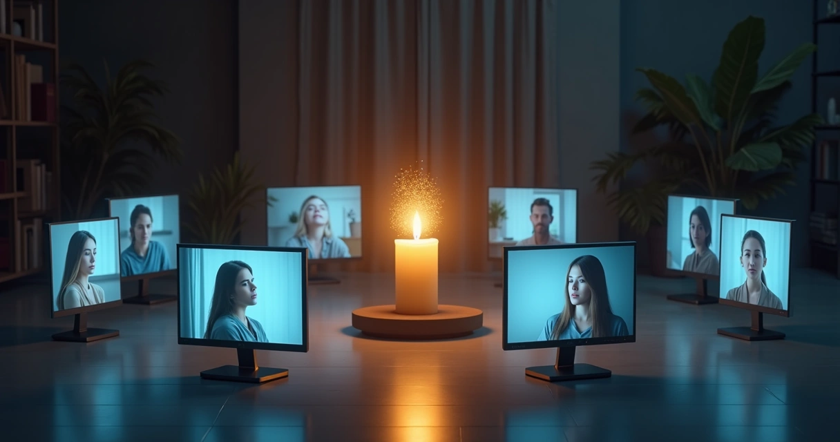 Equipe remota em monitores flutuantes conectada ao redor de uma vela digital central 