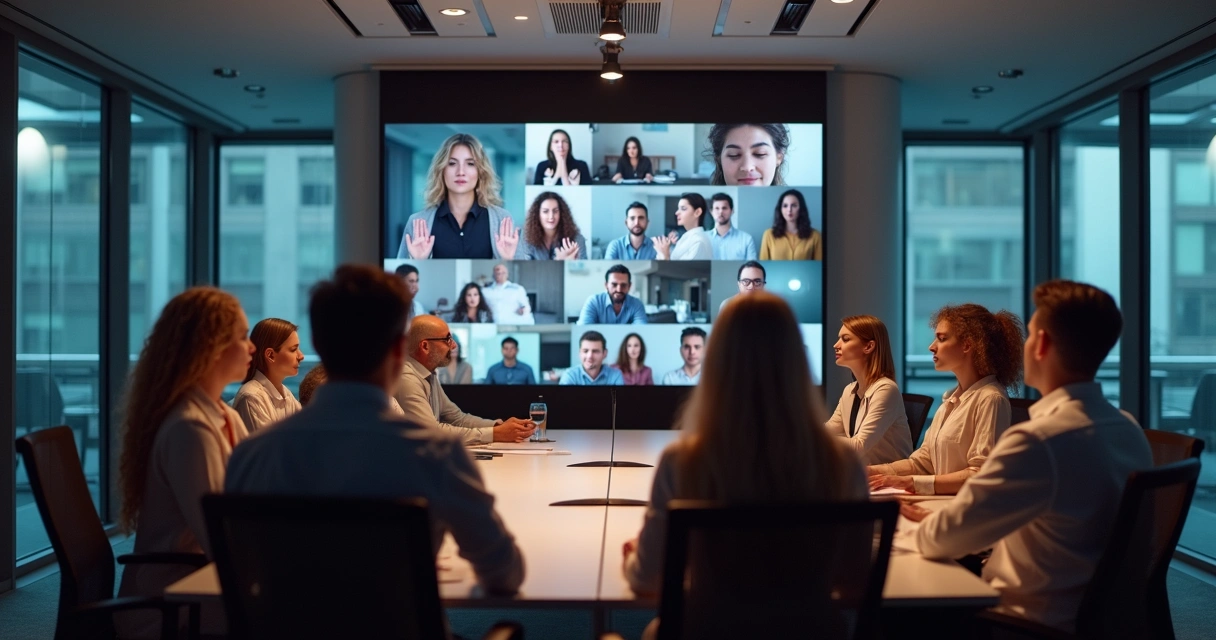 Equipe reunida presencialmente e virtualmente em uma reunião híbrida interativa 