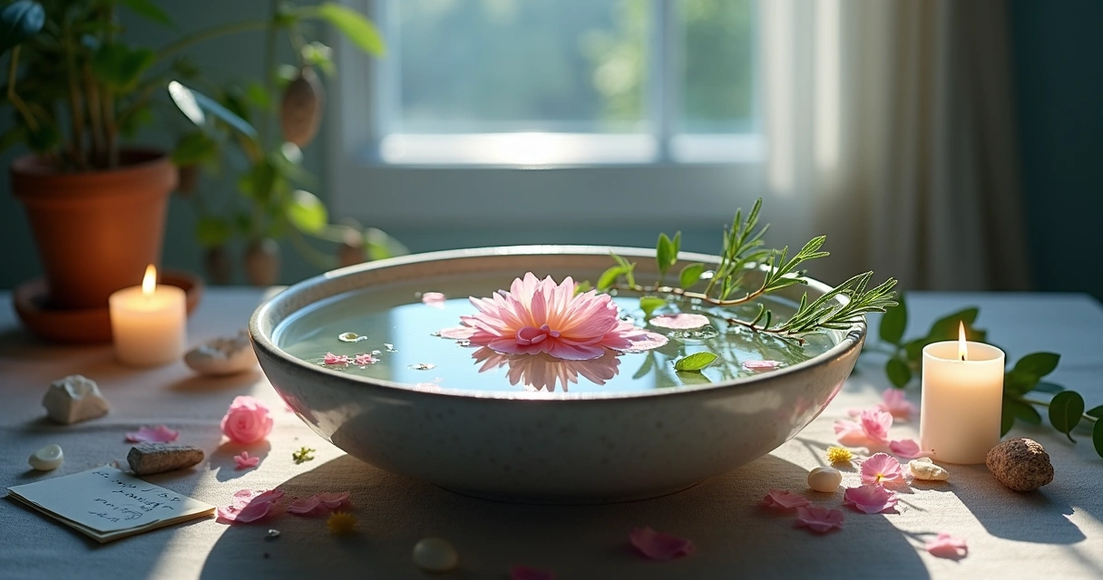 Bacia com água, flores e ervas ao luar 