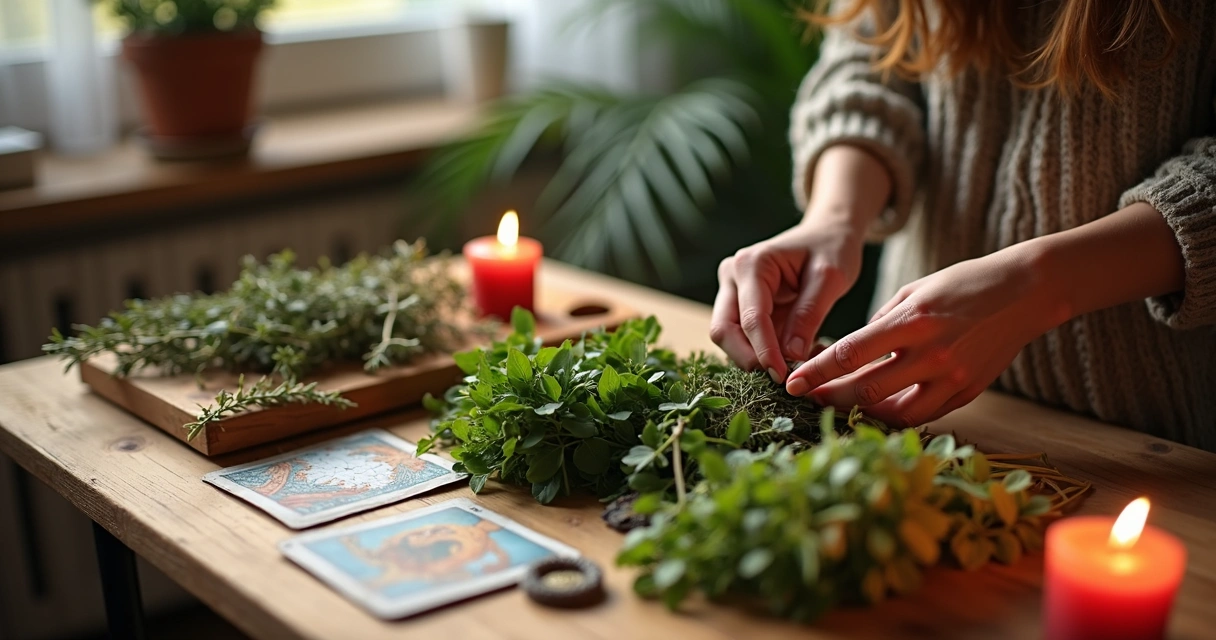 Mesa com ervas para ritual forte de terça-feira