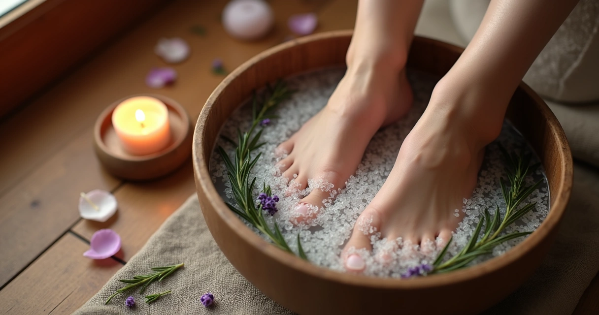 Bacia com água quente, sais, ervas e uma vela acesa ao lado