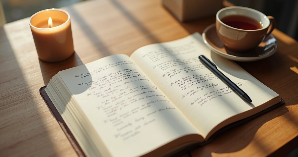 Caderno aberto com caneta, vela e xícara em ambiente silencioso 