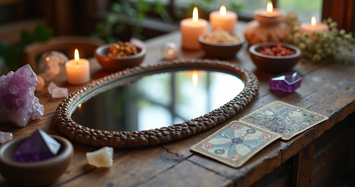 Mesa com espelho, cristais e velas acesas para ritual