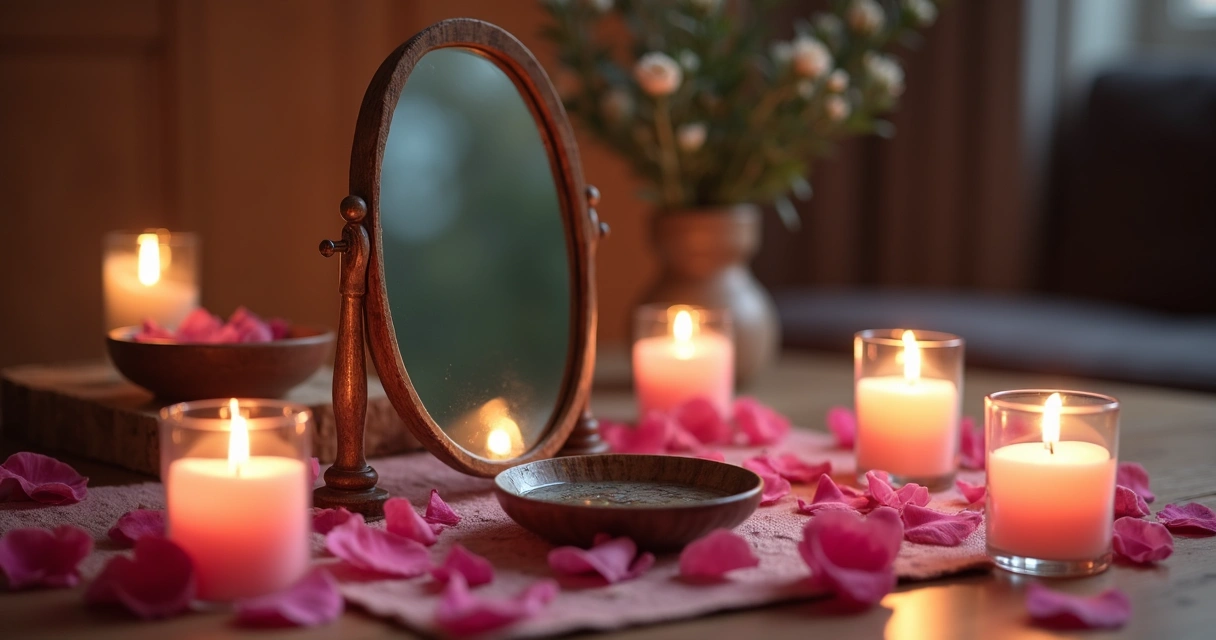 Espelho limpo em altar com velas acesas ao redor 