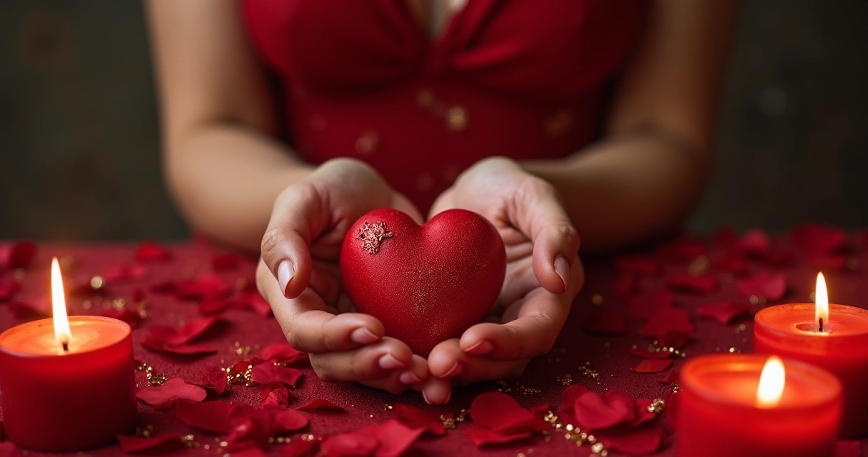 Ritual de amarração amorosa com velas vermelhas, cristais, cartas de tarô e mãos femininas realizando a magia 