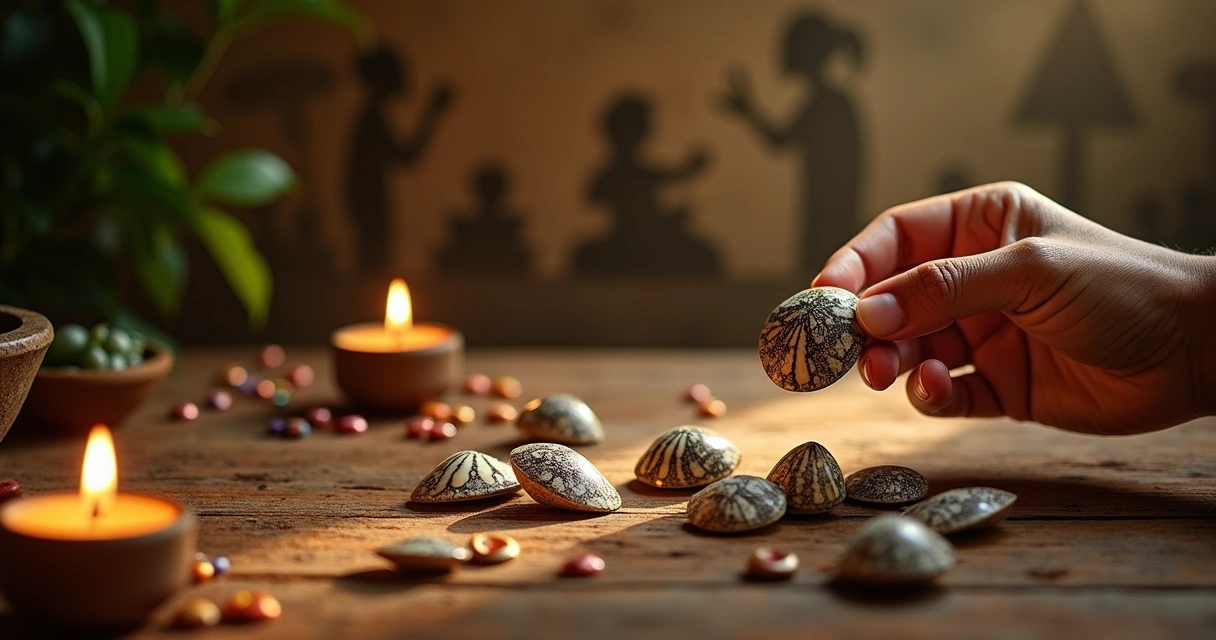 Concha de búzio sendo lançada em um ritual espiritual com velas e contas ao fundo.