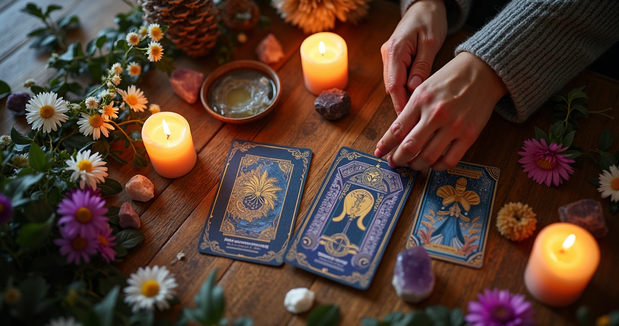 Mesa com elementos de ritual espiritual, velas, flores e cartas de tarot 