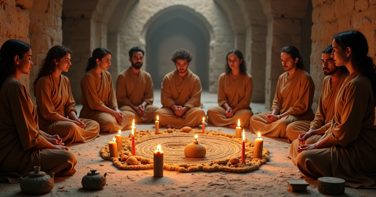 Cerimônia espiritual tradicional com pessoas reunidas em local sagrado com símbolos rituais 