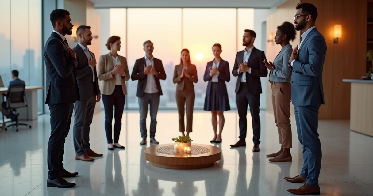 Uma equipe diversa acendendo velas em um círculo em uma sala de escritório com vidro ao entardecer 