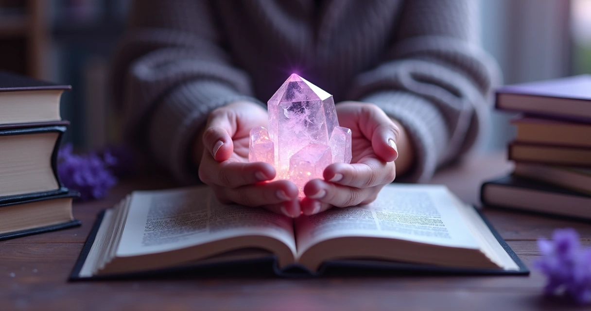 Mãos segurando cristais com luz brilhando fundo suave roxo e livros ao redor