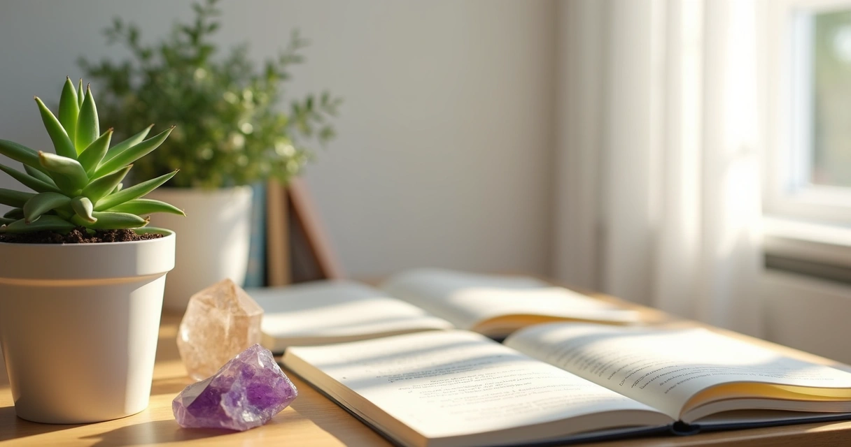 Sol iluminando mesa com planta pequena, cristais e caderno 
