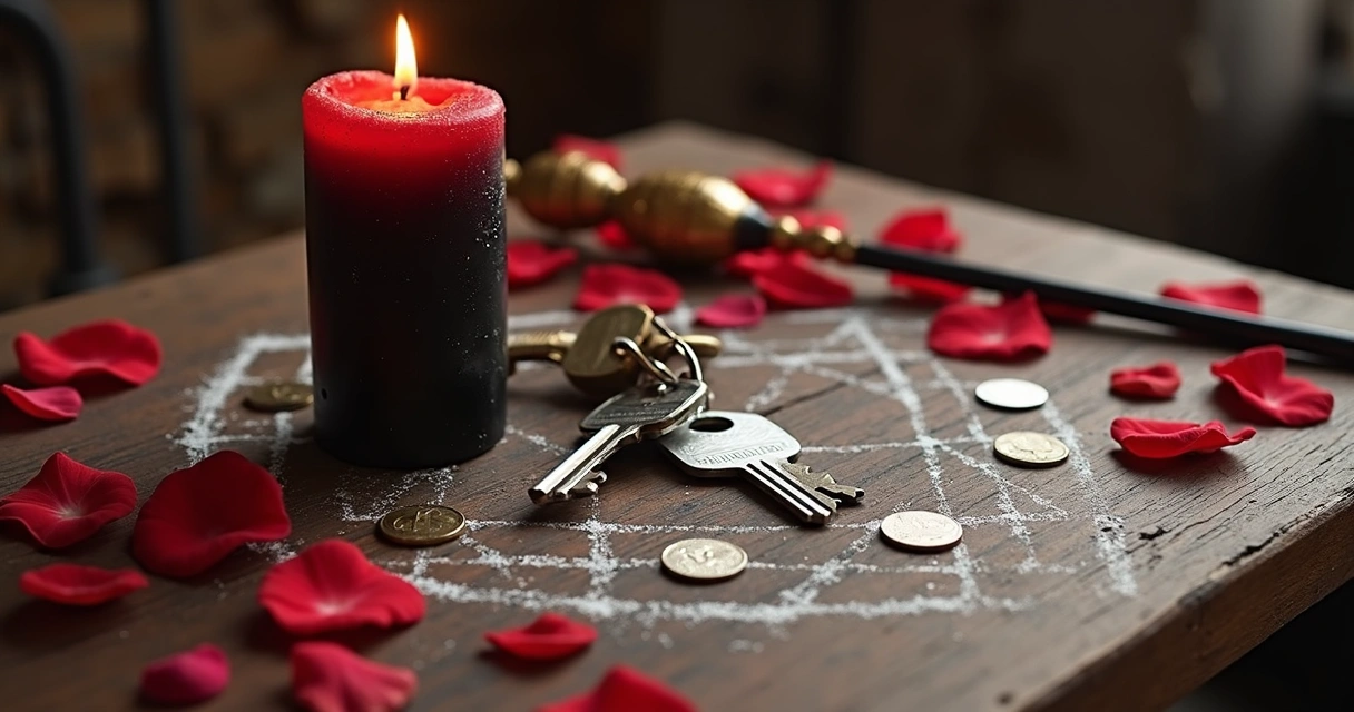 Vela preta e vermelha, charuto e símbolos de Exu em altar 