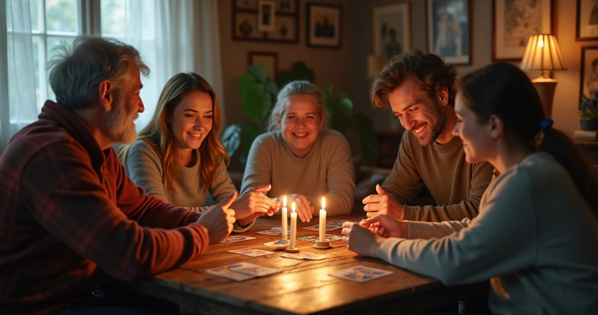 Família reunida ao redor de mesa fazendo ritual com baralho 