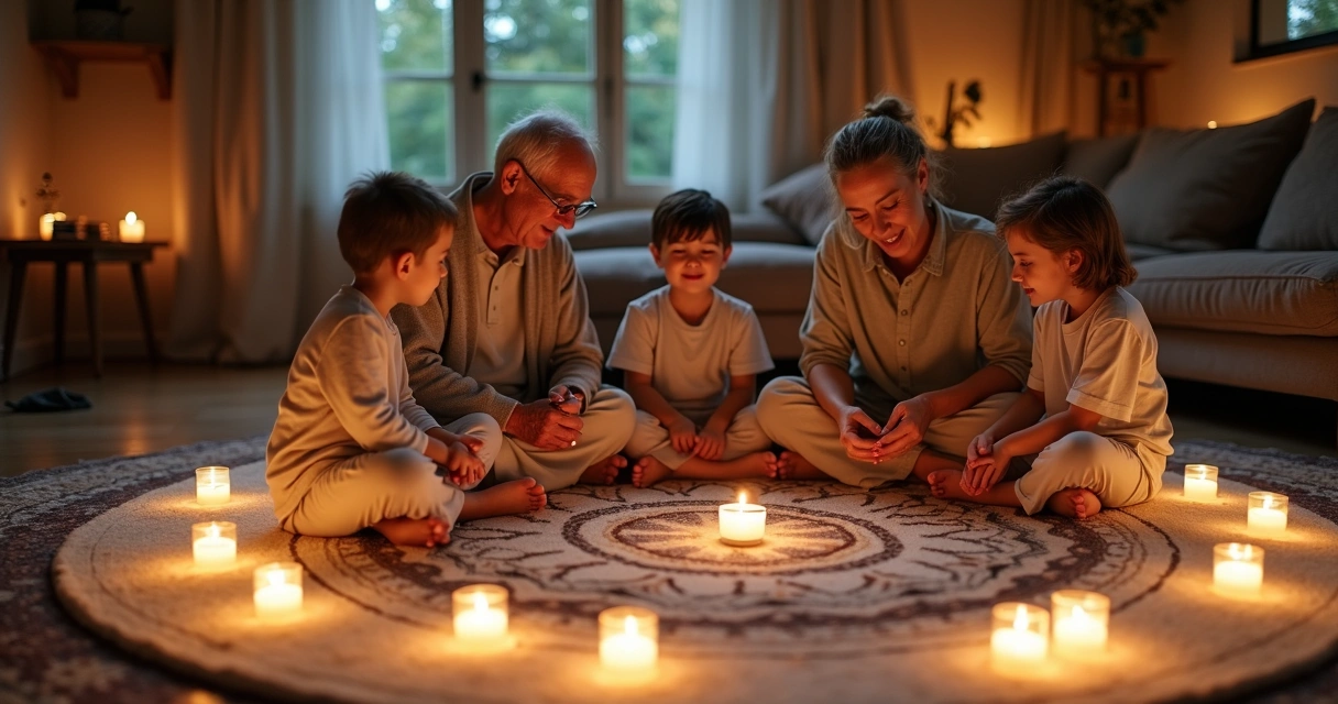Reconciliação em ritual espiritual familiar com velas e mandala ao fundo