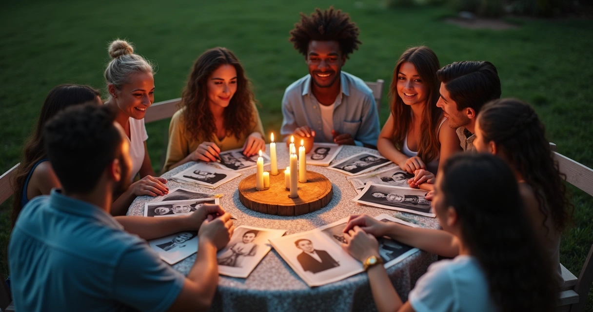 Pessoas em círculo realizando um ritual em família com fotos antigas ao centro 