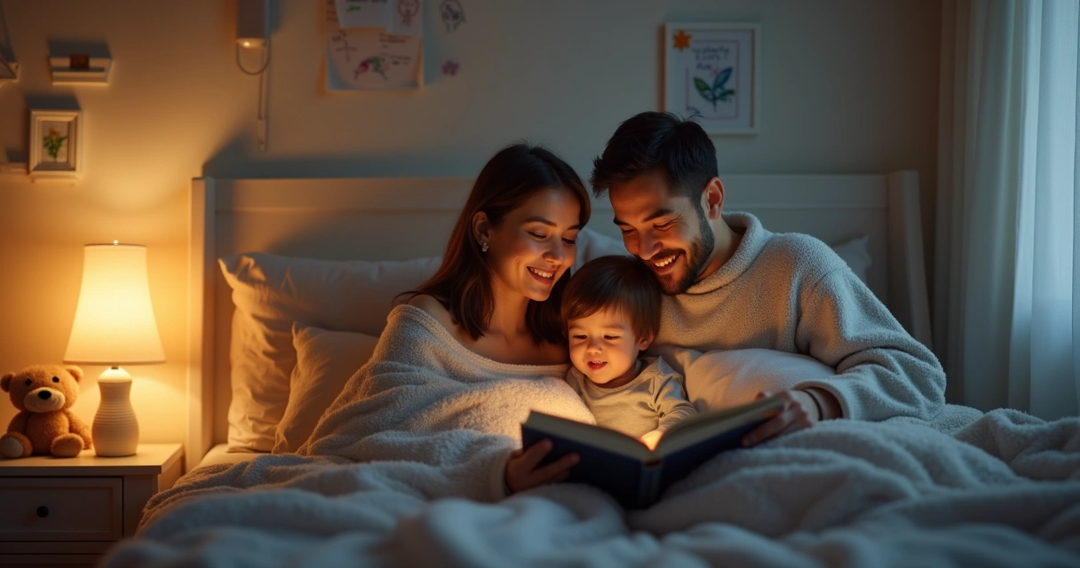 Família sentada na cama lendo história para criança antes de dormir 