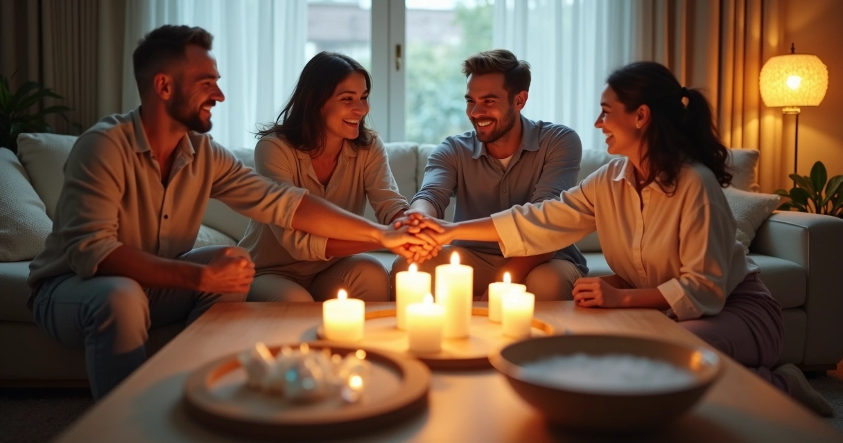 Família unida em círculo fazendo ritual de proteção energética, luz dourada e cristais ao centro 