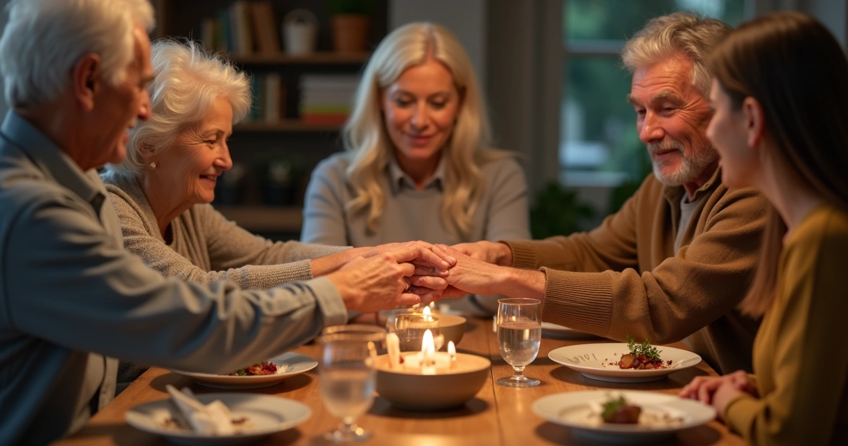 Familia adulta reunida em mesa de jantar com velas acesas em clima acolhedor 