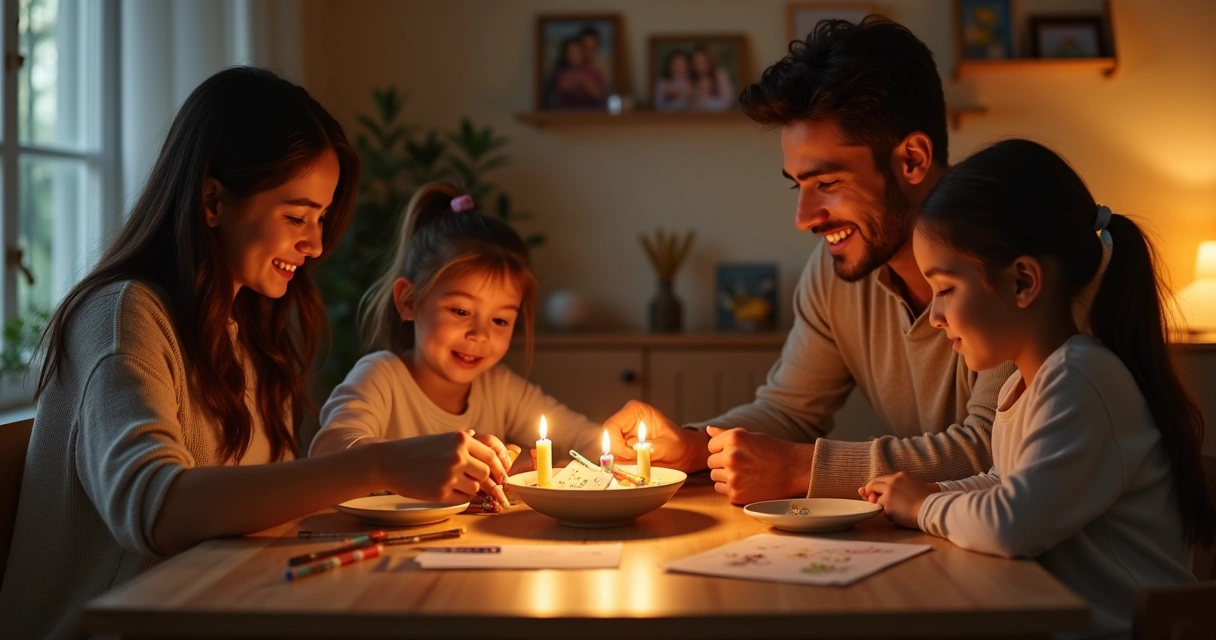 Pais e crianças em ritual de jantar com velas e desenhos na mesa 