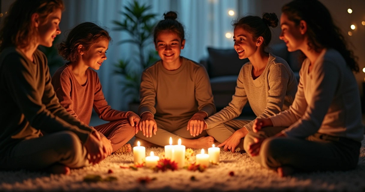 Ritual familiar noturno com velas acesas em círculo 