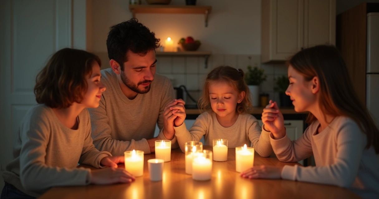 Familia junta alrededor de la mesa realizando un pequeño ritual familiar 