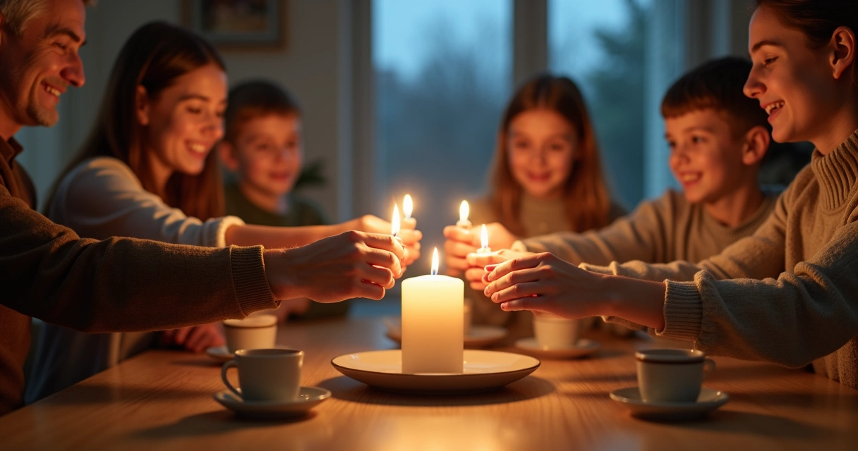 Manos de familia encendiendo una vela juntos en la mesa 