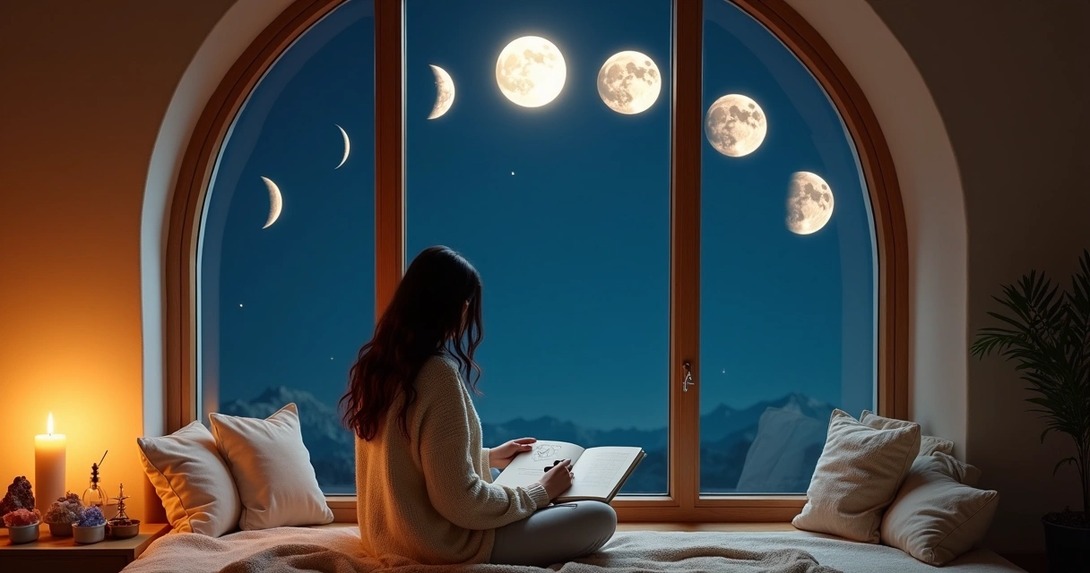 Mulher observando as fases da lua na janela com um diário de astrologia 