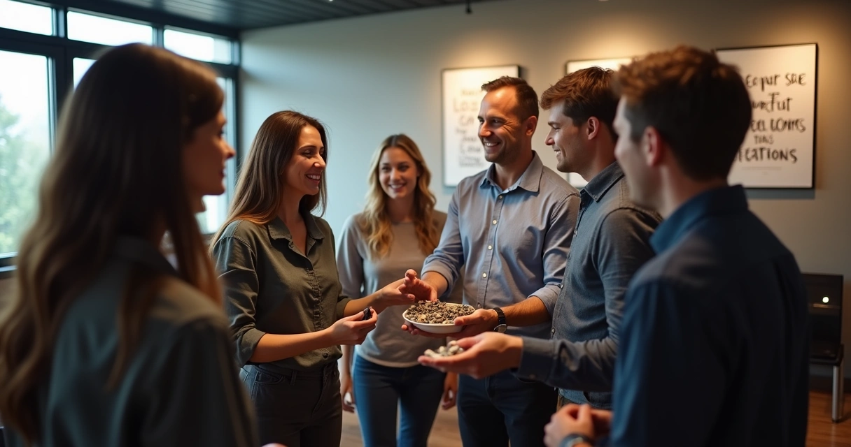 Equipe realizando ritual de encerramento com objetos simbólicos 