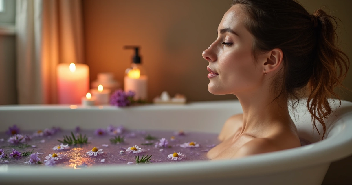 Cena de banho energético feminino com ervas e vela acesa 