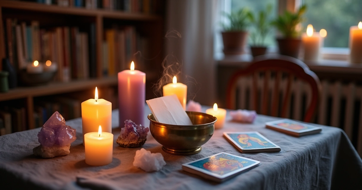 Mesa com velas, cristais e papel queimando