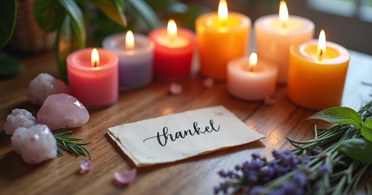 Mesa com velas coloridas, cristais e ramos de ervas para ritual de gratidão 