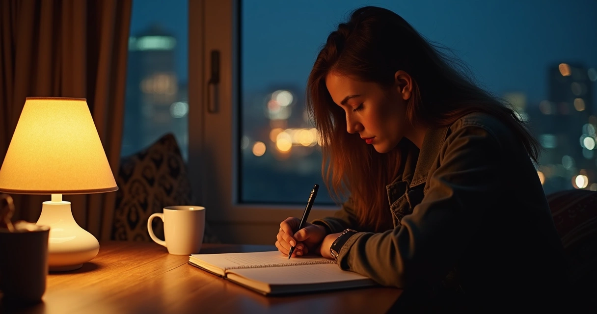 Pessoa escrevendo em um caderno à noite, luz suave na mesa 