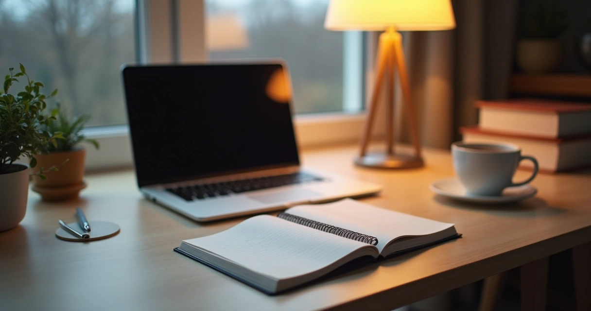 Mesa de trabalho organizada ao fim do expediente com caderno e luz suave