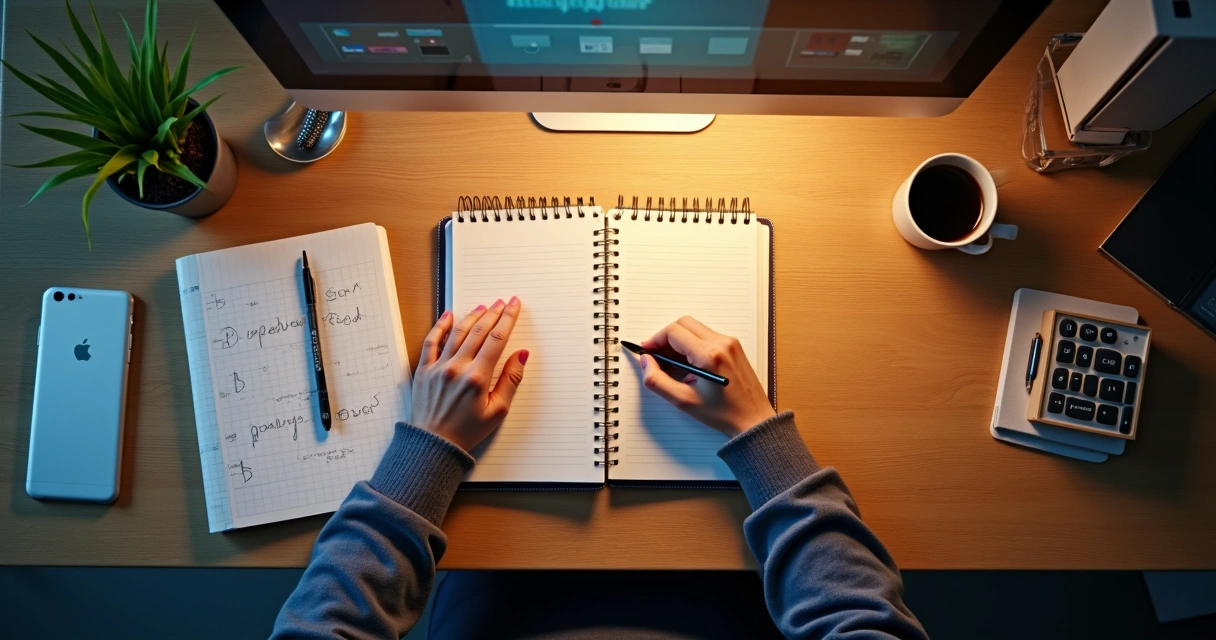 Pessoa organizando mesa de trabalho no escritório, preparando-se para sair 